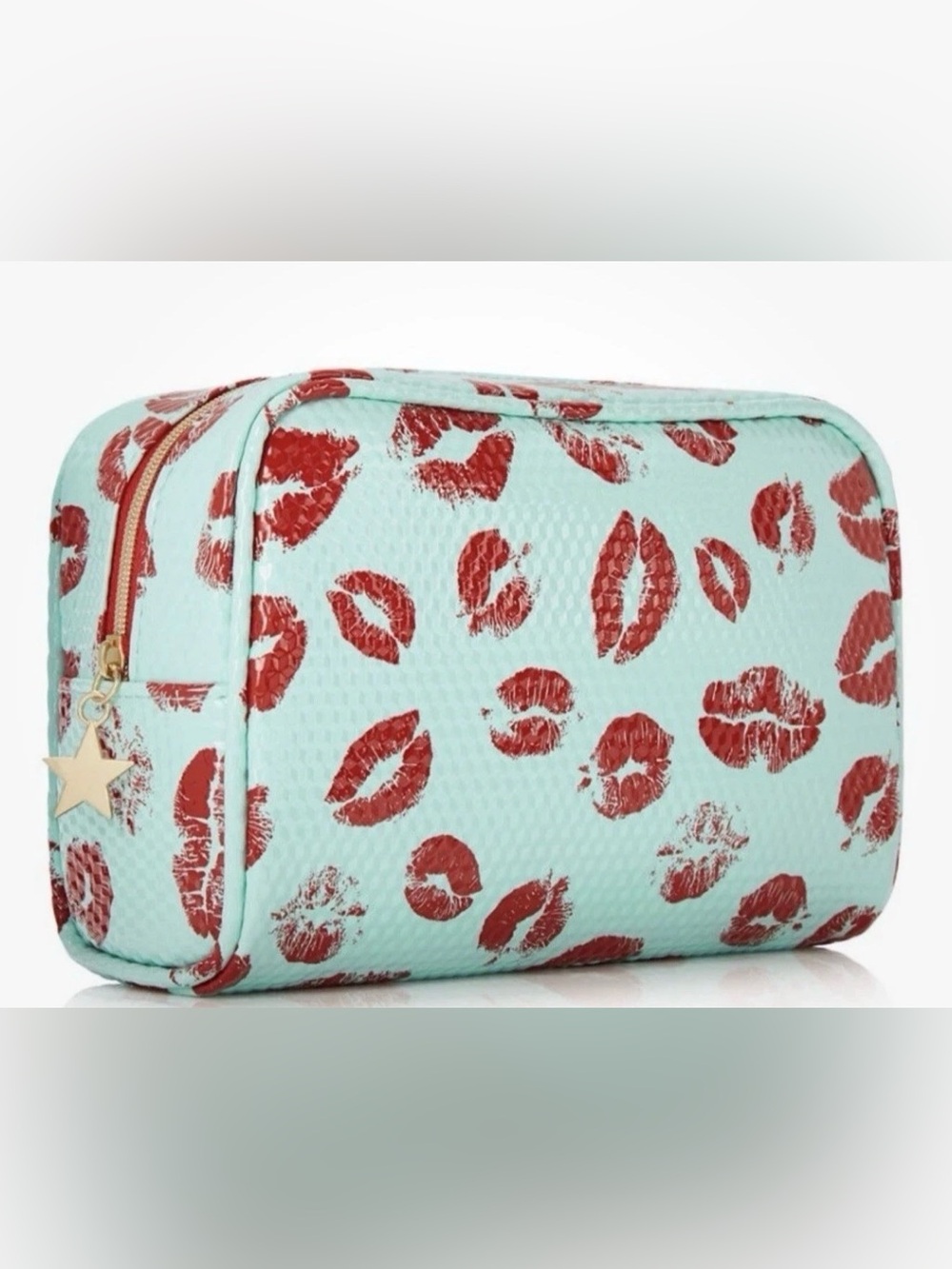 Macy's Lip Print Teal Cosmetic Case Zippered Bag Travel Bag